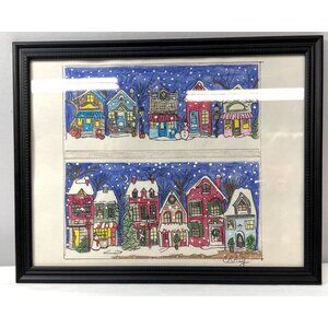 Colorful Framed Winter Village Watercolor Art By Craig